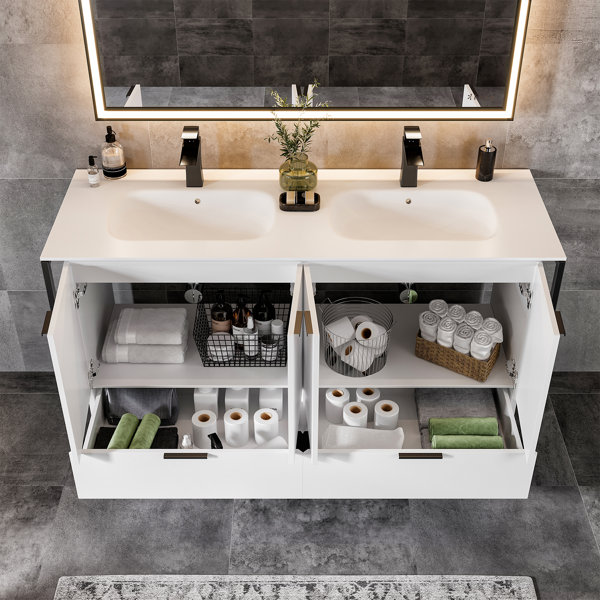 Orren Ellis Bella Vista 48 Inch White Vanity With Black Metallic Legs